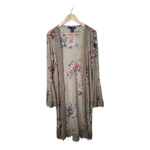 Women's Sz M Floral Long Open Front Cover-up Crochet Bell Sleeves Boho